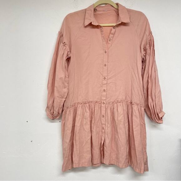 Free People Peach Button Down Long Sleeve Babydoll Mini Dress Oversized S - Picture 1 of 12